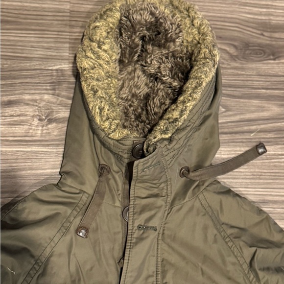 Y2K American Eagle Bomber Jacket Small S Army Green Faux Fur Lined Hood Sherpa - Picture 3 of 5